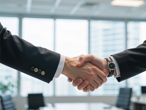 品牌理念概念图，展示两个人握手合作的场景，温暖阳光照耀，象征信任与合作，现代商务风格