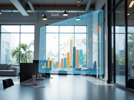 域名价值展示图，包含各种商业图标和数据分析图表，蓝色渐变背景，现代商务风格